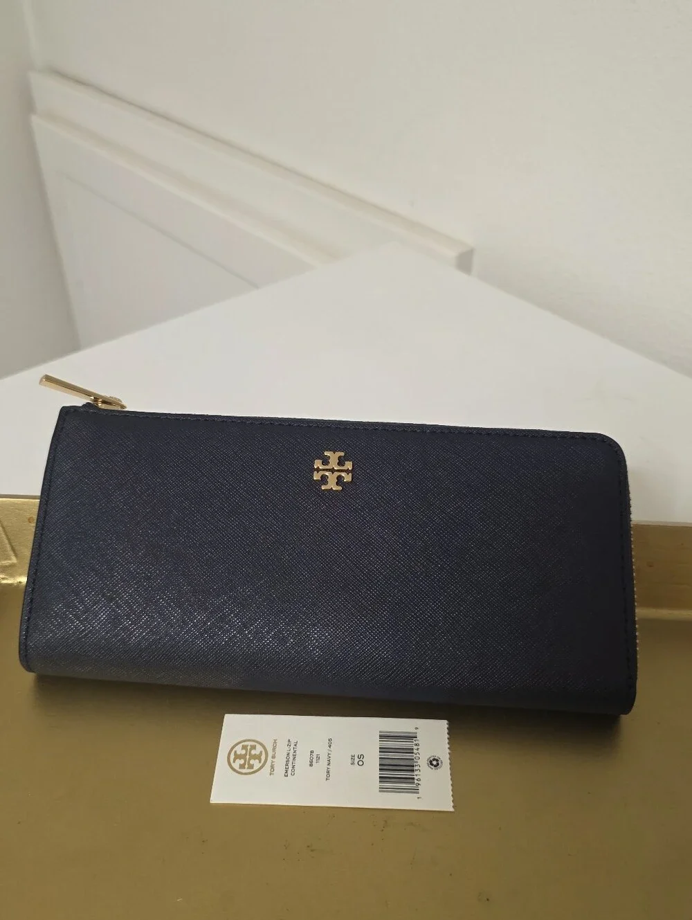 Tory Burch Navy Saffiano Zip Wallet with Gold Hardware